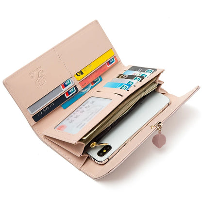 Tri-Fold Women's Wallet with Leaf-patterned Card Holder, Zip Coin Pocket, and ID Window